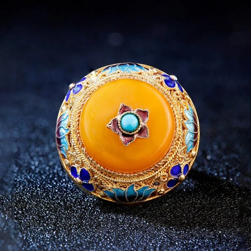 Rynx | Handmade Silver Flower Silk Inlaid with Topaz Honey Wax S925 Silver Ring Retro Palace Gold Plated Large Thumb Ring