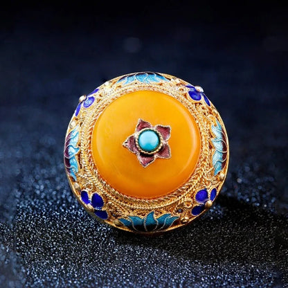 Rynx | Handmade Silver Flower Silk Inlaid with Topaz Honey Wax S925 Silver Ring Retro Palace Gold Plated Large Thumb Ring
