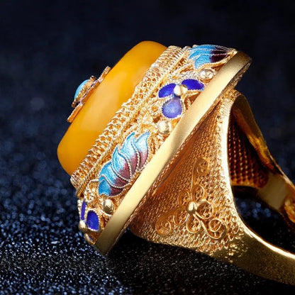 Rynx | Handmade Silver Flower Silk Inlaid with Topaz Honey Wax S925 Silver Ring Retro Palace Gold Plated Large Thumb Ring