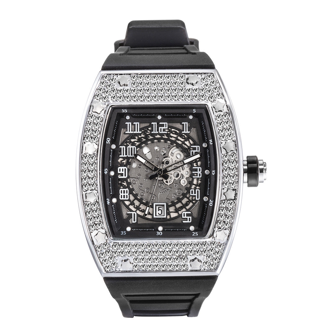 Rynx | Full Diamond Tonneau Silicone Strap Quartz Men's Watch