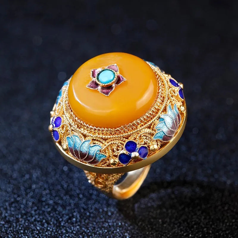 Rynx | Handmade Silver Flower Silk Inlaid with Topaz Honey Wax S925 Silver Ring Retro Palace Gold Plated Large Thumb Ring
