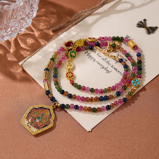 Rynx | Light luxurious colorful tourmaline pearl necklace with a sense of luxury and niche design neck chain enamel color pendant vintage sweater chain