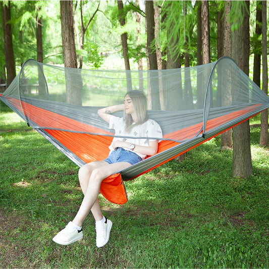 Rynx | Portable Outdoor Camping Full-automatic Nylon Parachute Hammock with Mosquito Nets, Size : 290 x 140cm (Silver Gray + Orange)