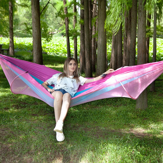 Rynx | Portable Outdoor Camping Full-automatic Nylon Parachute Hammock with Mosquito Nets, Size : 250 x 120cm (Pink Blue)