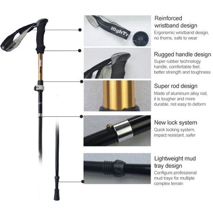 Rynx | Outdoor Mountaineering Portable Foldable Ultra light Aluminium Alloy Alpenstocks Trekking Poles, Length : 35-125CM (Gold)