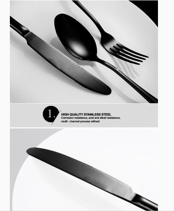 RYNX | Set Black 32 pcs Stainless Steel Knife Fork Spoon Stylish Teaspoon Kitchen