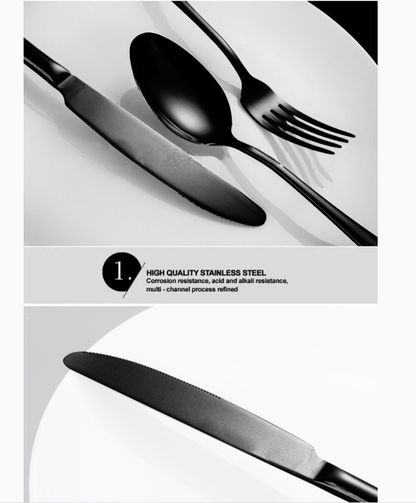 RYNX | Set Black 32 pcs Stainless Steel Knife Fork Spoon Stylish Teaspoon Kitchen
