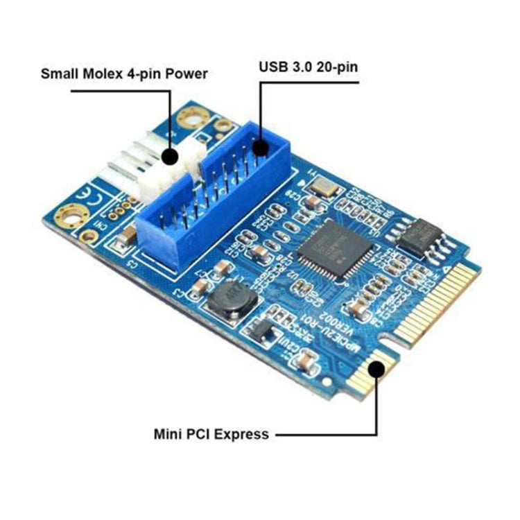 Rynx | MINI PCI-E to USB 3.0 Front 19-Pin Desktop-PC Expansion Card with 4-Pin Power Connector (Blue)
