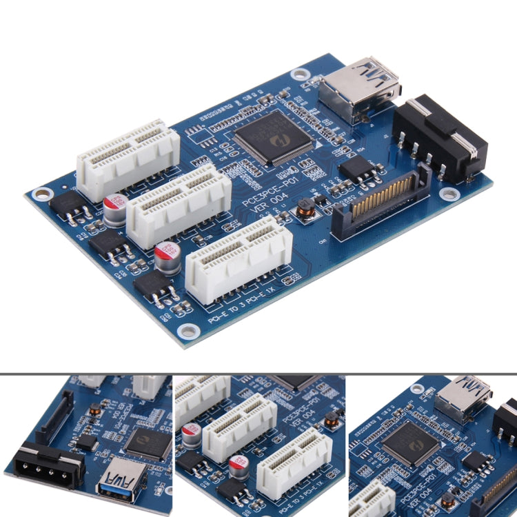 Rynx | PCI-E 1 to 3 PCI Express 1 Slots Riser Card 3 PCI-E Slot Adapter PCI-E Port Multiplier Card with 60cm USB Cable (Blue)