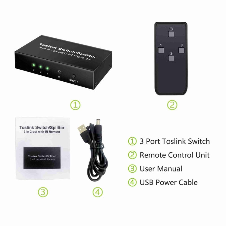 Rynx | NK-T32 Toslink 3 In 2 Out Switch/Splitter with IR Remote Control