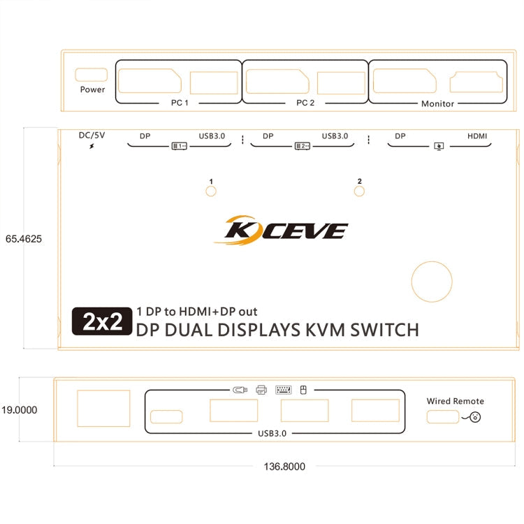 Rynx | KC-KVM212DH 4K 60HZ USB3.0 DP Dual Display KVM Switcher with MST Dual Screen Extension Duplication