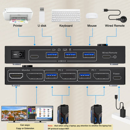 Rynx | KC-KVM212DH 4K 60HZ USB3.0 DP Dual Display KVM Switcher with MST Dual Screen Extension Duplication