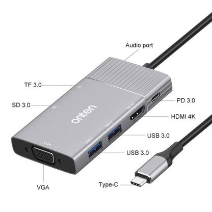 Rynx | Onten 95113 8 In 1 USB 3.0 x2 + SD / TF + HDMI / VGA + 3.5mm Jack + Type-C / USB-C (PD 3.0) Multifunction HUB Converter Docking Station