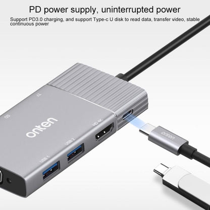 Rynx | Onten 95113 8 In 1 USB 3.0 x2 + SD / TF + HDMI / VGA + 3.5mm Jack + Type-C / USB-C (PD 3.0) Multifunction HUB Converter Docking Station