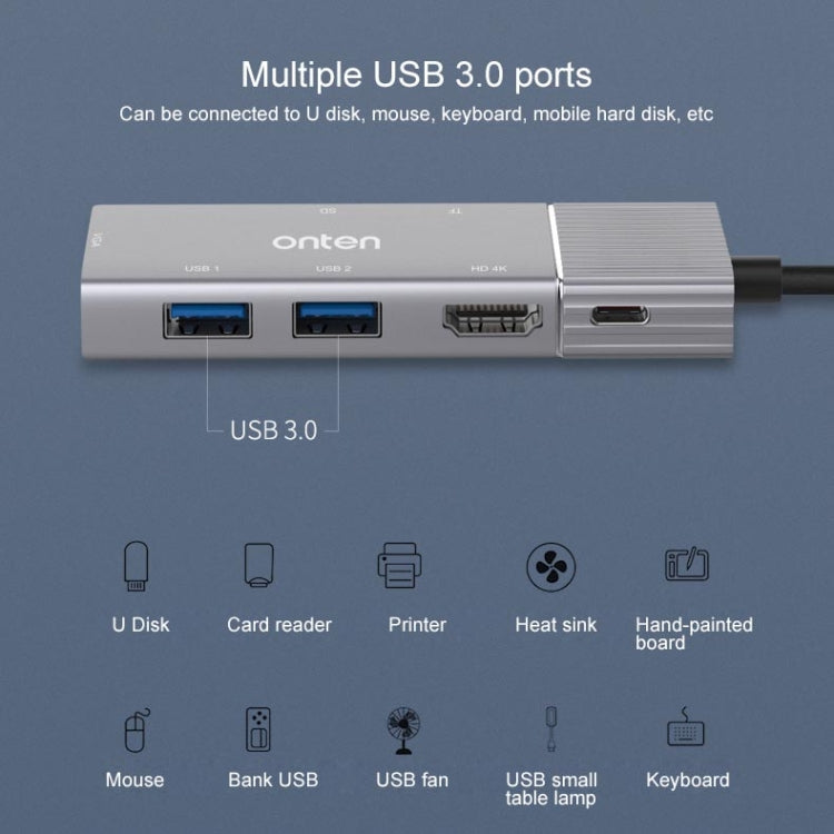 Rynx | Onten 95113 8 In 1 USB 3.0 x2 + SD / TF + HDMI / VGA + 3.5mm Jack + Type-C / USB-C (PD 3.0) Multifunction HUB Converter Docking Station