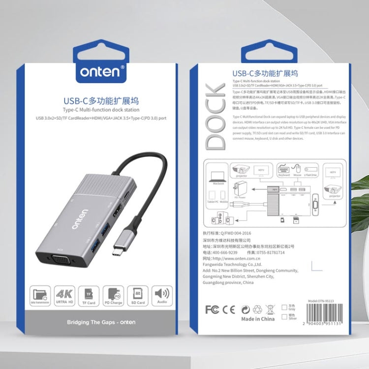Rynx | Onten 95113 8 In 1 USB 3.0 x2 + SD / TF + HDMI / VGA + 3.5mm Jack + Type-C / USB-C (PD 3.0) Multifunction HUB Converter Docking Station