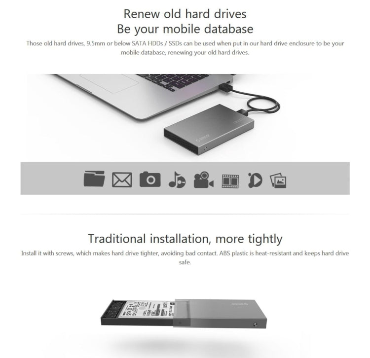 Rynx | ORICO 2518S3 USB3.0 External Hard Drive Enclosure Storage Case for 7mm & 9.5mm 2.5 Inch SATA HDD / SSD (Gray)