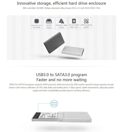 Rynx | ORICO 2518S3 USB3.0 External Hard Drive Enclosure for 7mm & 9.5mm 2.5 inch SATA HDD / SSD (Silver)