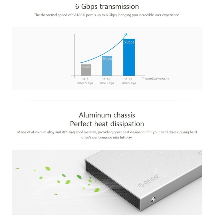 Rynx | ORICO 2518S3 USB3.0 External Hard Drive Enclosure for 7mm & 9.5mm 2.5 inch SATA HDD / SSD (Silver)