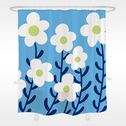 Rynx | White Flower and Blue Shower Curtain with Hooks, Floral Bathroom Curtains with Rings, Unique Bathroom Decoration, Boho Shower Curtain, Customizable Bathroom Curtains, Extra Long Shower Curtain