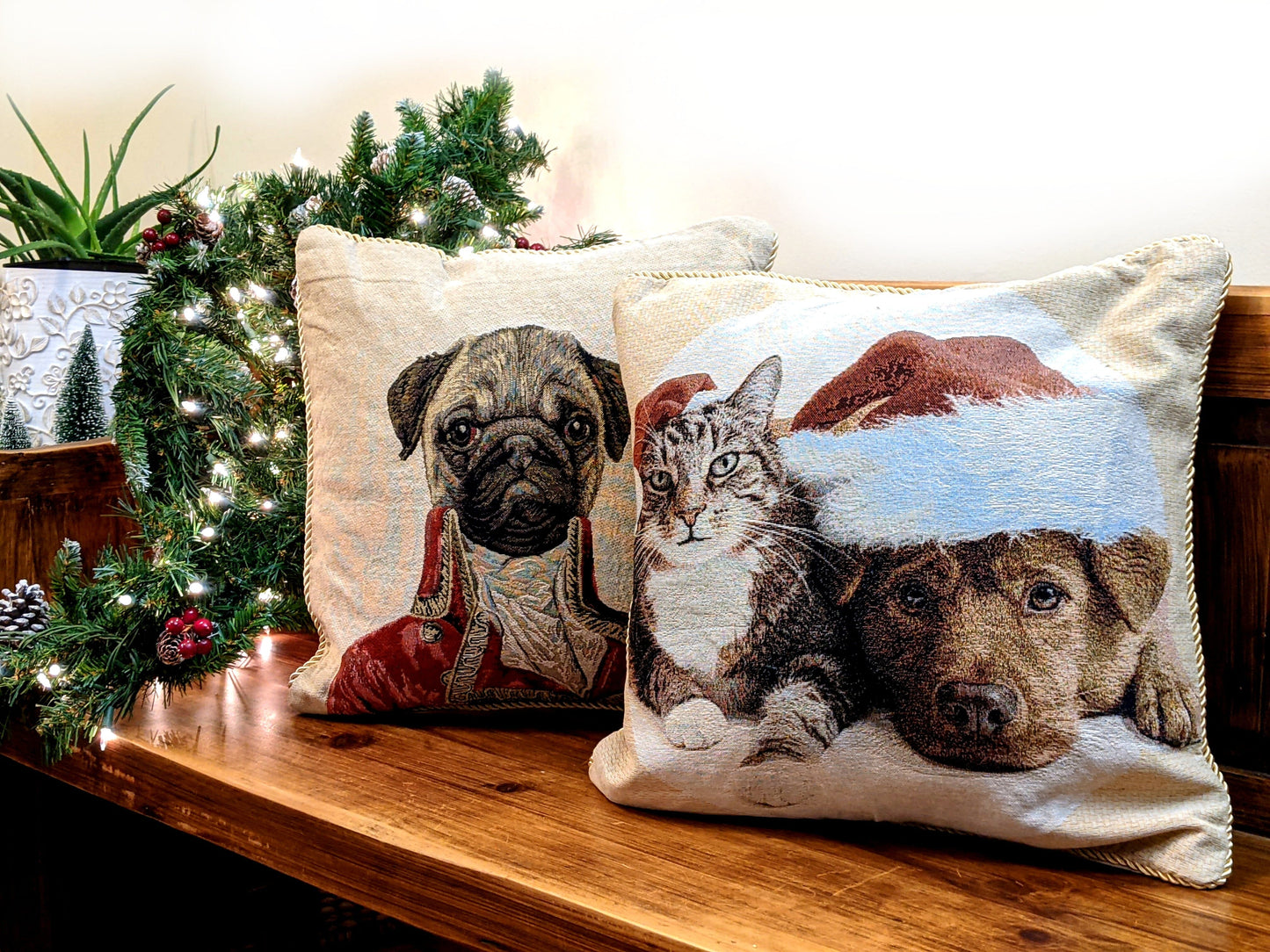 Rynx | Best Friend Pets Dog and Cat Christmas Tapestry Woven Throw Pillow Cover