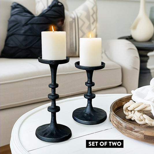 Rynx | Black Cast Iron Pillar Candle Holders, Set of 2