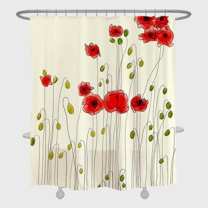 Rynx | Red Poppy Shower Curtain with Hooks, Art Bathroom Curtains with Rings, Unique Bathroom Decoration, Boho Shower Curtain, Customizable Bathroom Curtains, Extra Long Shower Curtain
