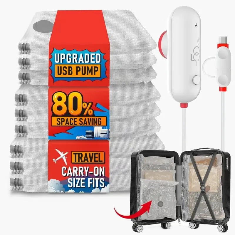 Rynx | Travel Vacuum Bags with Electric USB Pump - Reusable & Durable (Set of 9)