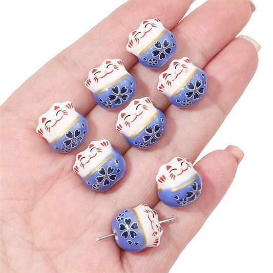 Rynx | Set of 2 Artisan 14mm Ceramic Lucky Cat Charms for Creative Jewelry Designs