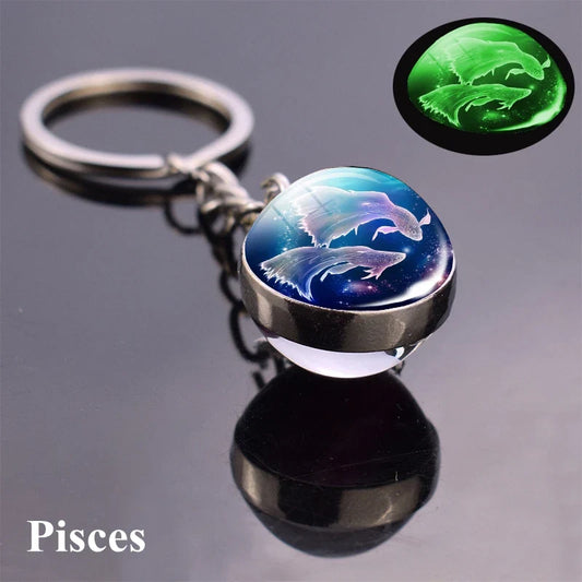 Rynx | New Luminous 12 Constellation Glass Ball Key Rings: Double Sided Zodiac Signs Keychain for Women - Glow in the Dark Birthday Gift