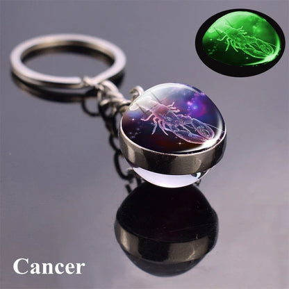 Rynx | New Luminous 12 Constellation Glass Ball Key Rings: Double Sided Zodiac Signs Keychain for Women - Glow in the Dark Birthday Gift