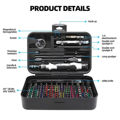 Rynx | Professional 132-piece magnetic precision screwdriver set with durable chrome-vanadium steel bits and color-coded handles for all repair needs
