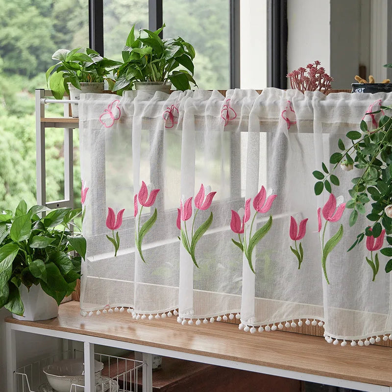 Rynx | Cotton Fashion Daisy Short Curtains Road Pocket Shade Flowers Tassel For Kitchen Bedroom Living Room Bay Window Cabinet Curtain