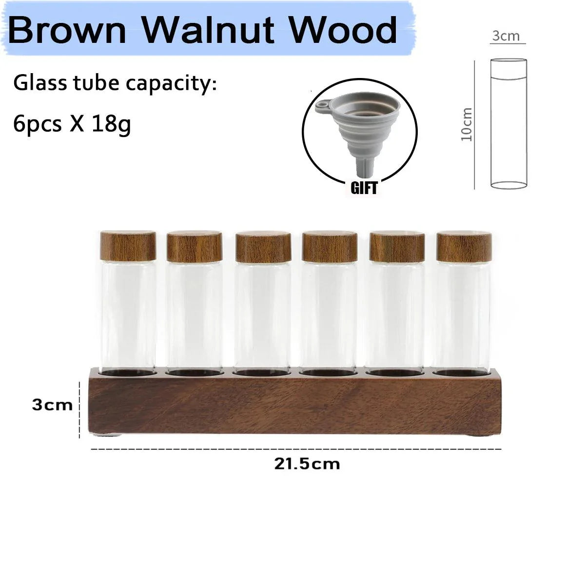Rynx | Stylish Walnut Base Coffee Bean Display Organizer with Elegant Glass Tubes