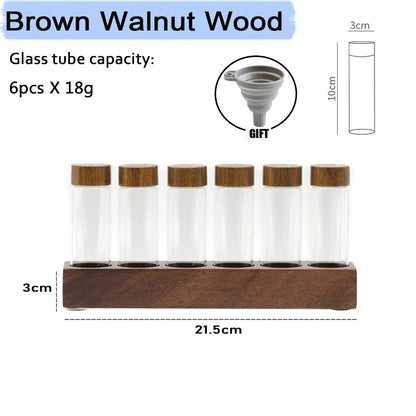 Rynx | Stylish Walnut Base Coffee Bean Display Organizer with Elegant Glass Tubes