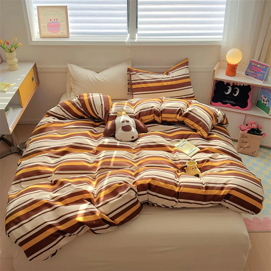 Rynx | INS Stripes Bedding Comforter Set Pillowcase Bed Sheet Twin Full Size Bedding Duvet Set Queen/King Double Twin