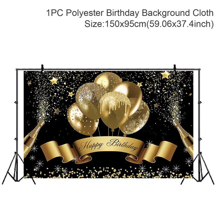 Rynx | Gold Glitter Happy Birthday Party Backdrop - Black Adult Theme Photo Decoration, DIY Backdrops for Party Supplies
