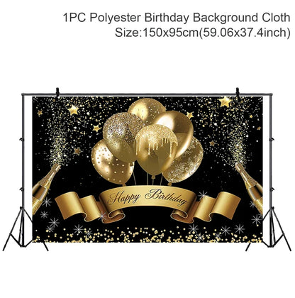 Rynx | Gold Glitter Happy Birthday Party Backdrop - Black Adult Theme Photo Decoration, DIY Backdrops for Party Supplies