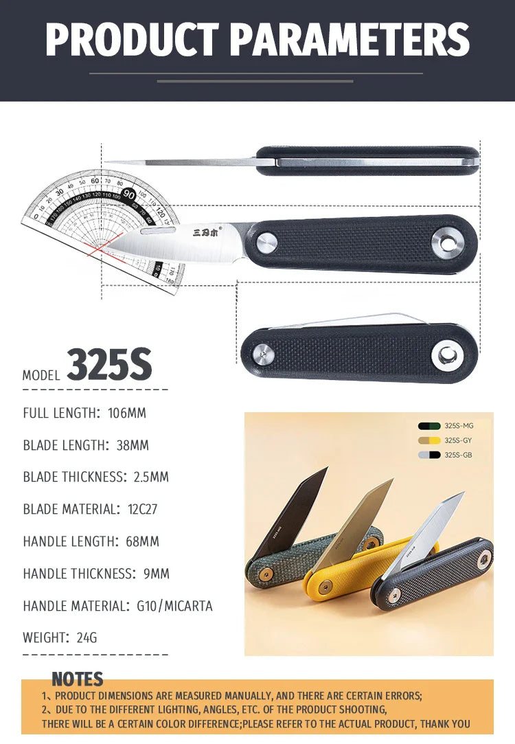 Rynx | SANRENMU 325S Pocket Folding Knife - Mini Key Outdoor Multi-Purpose Knife with 12C27 Blade and G10 Handle