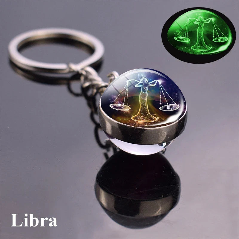 Rynx | New Luminous 12 Constellation Glass Ball Key Rings: Double Sided Zodiac Signs Keychain for Women - Glow in the Dark Birthday Gift