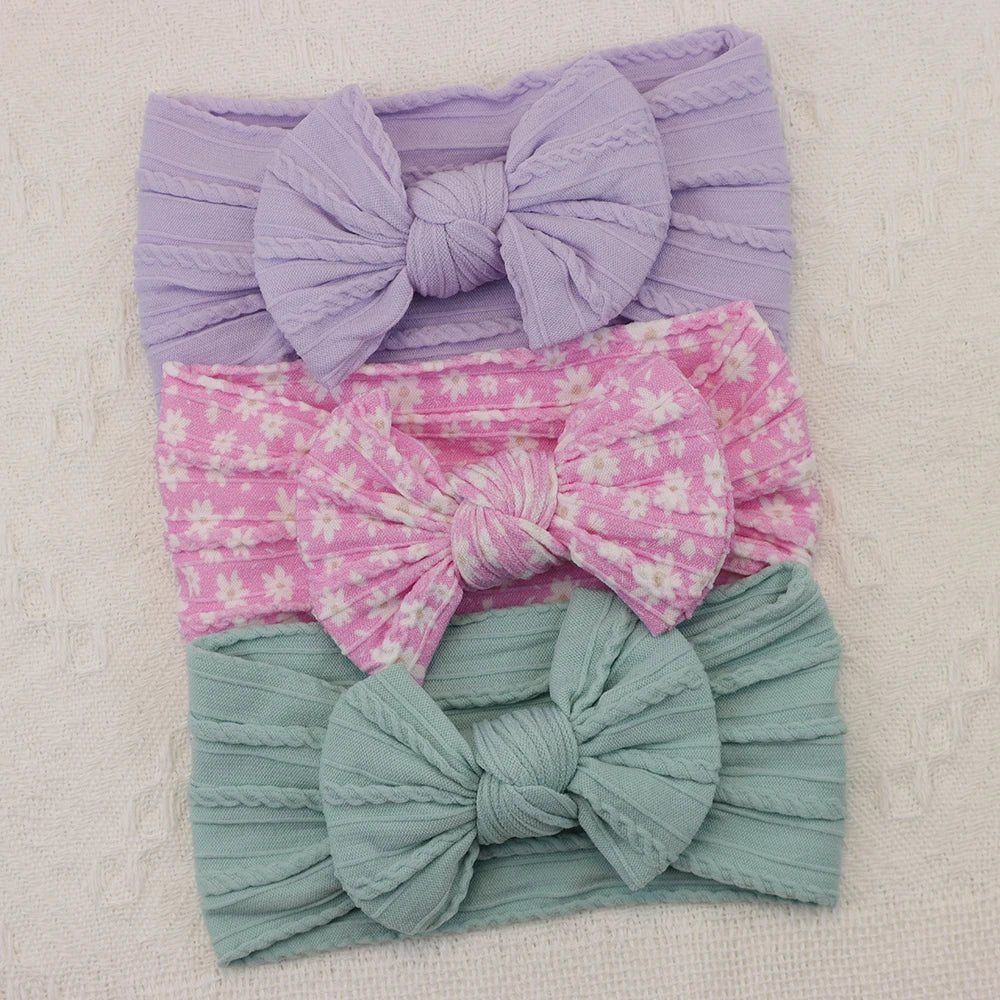 Rynx | 3Pcs Baby Headband Set: Knit Bows, Elastic Nylon Turban