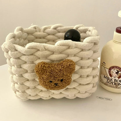Rynx | Into Kawai Desktop Storage Basket Korea Bear Cotton Linen Woven Basket Cute Cosmetic Make-up Small Items Storage Basket Organizer Box