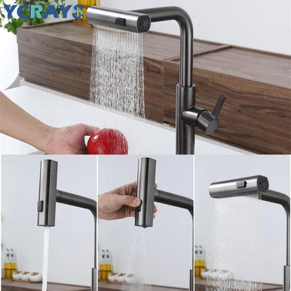 Rynx | YCRAYS Black Kitchen Faucets - Gray Pull Out Rotation Waterfall Stream Sprayer Head Sink Mixer, Brushed Nickel Water Tap Accessory