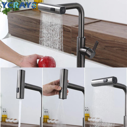 Rynx | YCRAYS Black Kitchen Faucets - Gray Pull Out Rotation Waterfall Stream Sprayer Head Sink Mixer, Brushed Nickel Water Tap Accessory