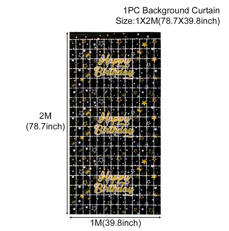 Rynx | Gold Glitter Happy Birthday Party Backdrop - Black Adult Theme Photo Decoration, DIY Backdrops for Party Supplies