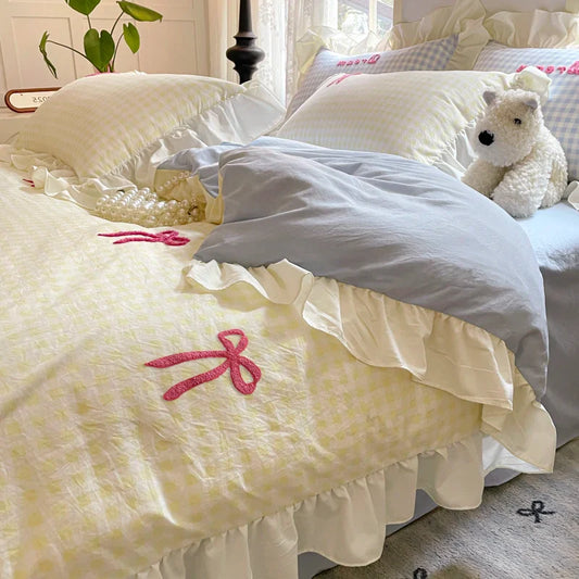 Rynx | Prinzessinnen Bettwäsche Set Spitze Schleife Rosa Karomuster 4-teilig Bettdecke Bezug Blatt und Kissenbezug Soft Romantisch Für Mädchen
