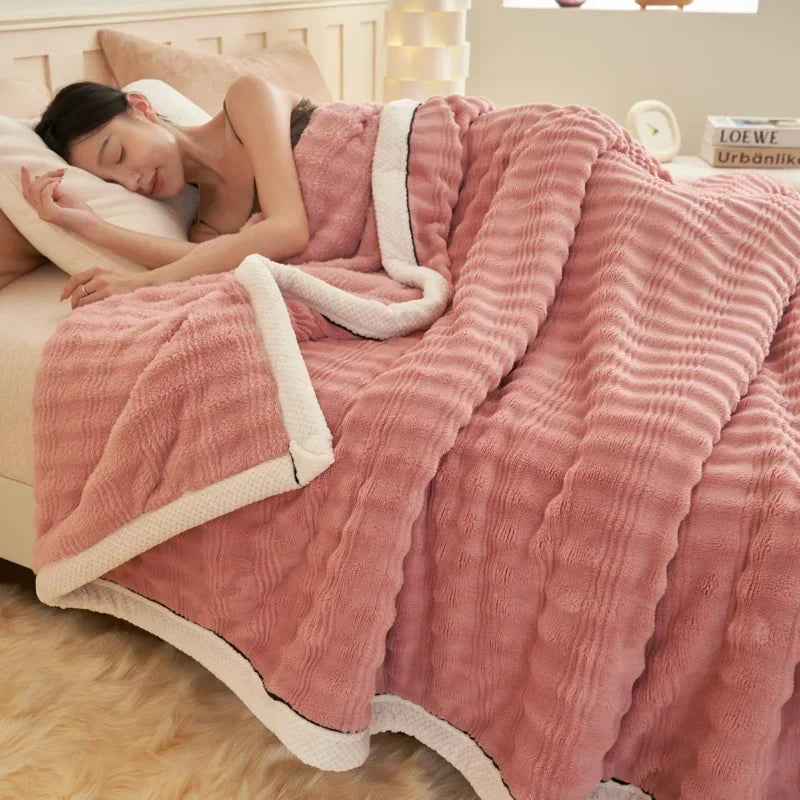 Rynx Imitation Rabbit Plush Autumn Winter Warm Blanket Striped Fluffy Warmth Sofa Blankets Soft Absorbent Breathable Nap Blanket