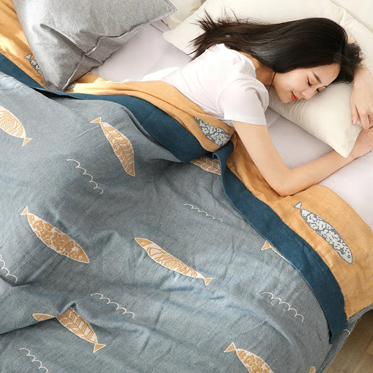 Rynx | Textile City Ins Leaf Fish Comforter 5-Layer Cotton Gauze Towel Blanket Home Bed Quality Duvet 200x230cm