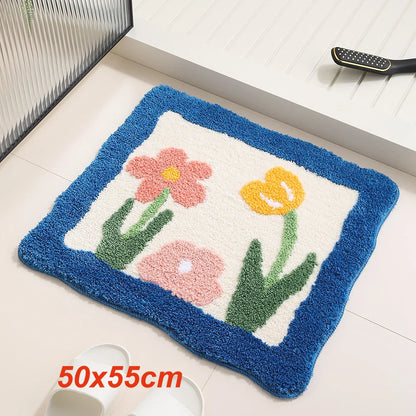 Rynx | Floral Tuffing Bathroom Mat Soft Tulip Nightstand Foot Rug Carpet Floor Cushion Bedroom Doormat Aesthetic Living Space Order Decor