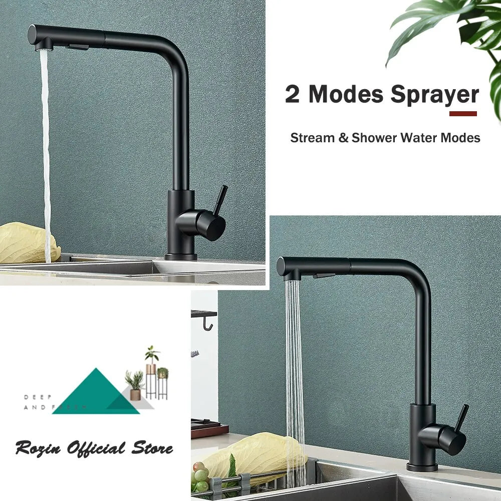 Rynx | Black Pull Out Kitchen Sink Faucet - Flexible 2 Modes Stream & Sprayer Nozzle, Stainless Steel Hot Cold Water Mixer Tap Deck